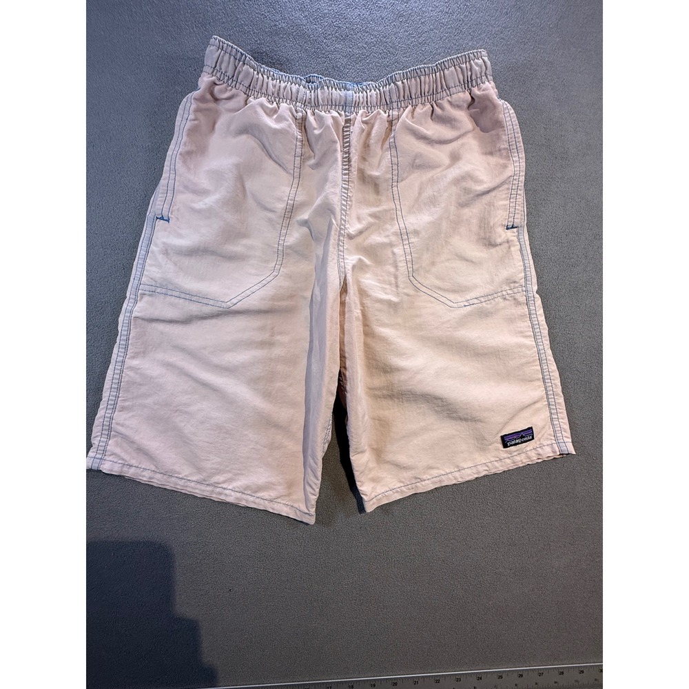 Patagonia Baggies Kids Large Peach Salmon Pink Blue Stitching Mesh Lined Shorts
